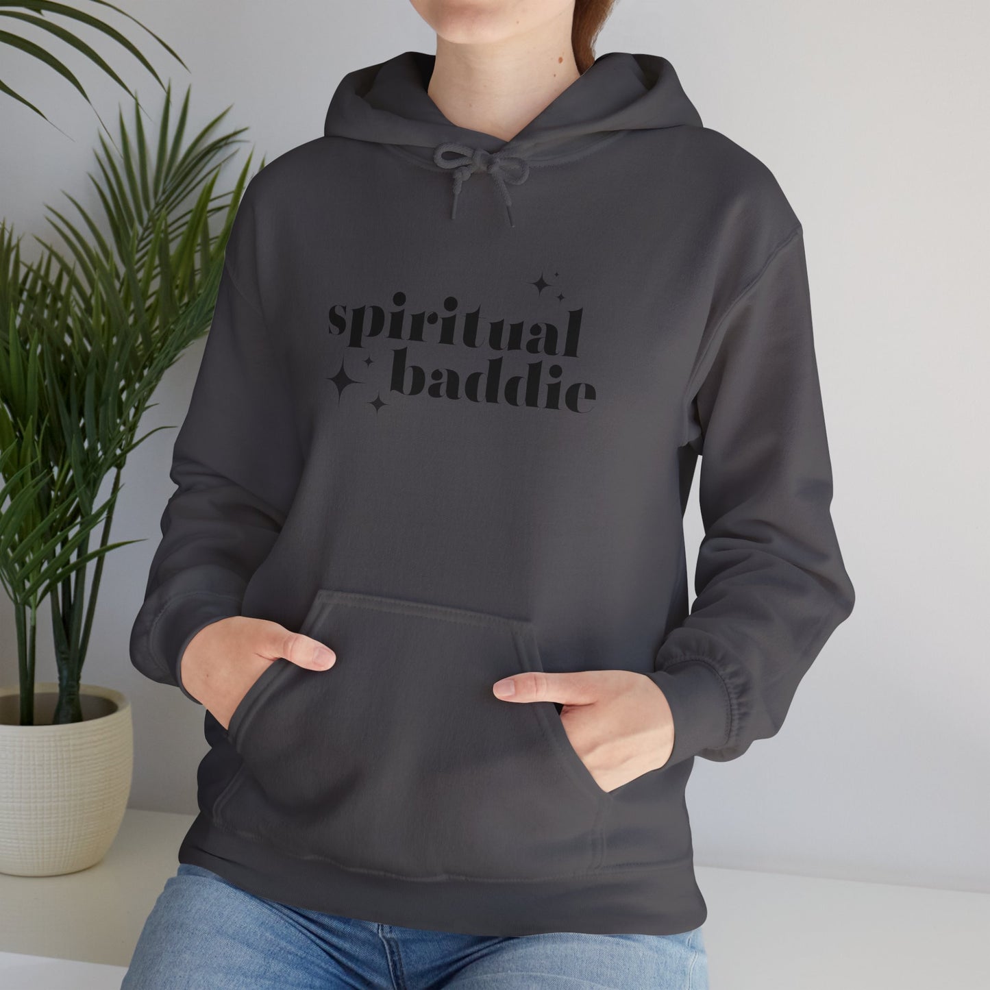 Spiritual Baddie Black Thread Embroidered Cozy Hooded Sweatshirt